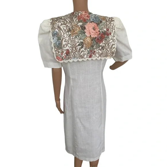 80s Floral Collar Dress Modest Ivory Button Down SL Fashions 14 38 32 40 - Picture 2 of 8